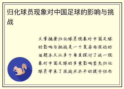 归化球员现象对中国足球的影响与挑战
